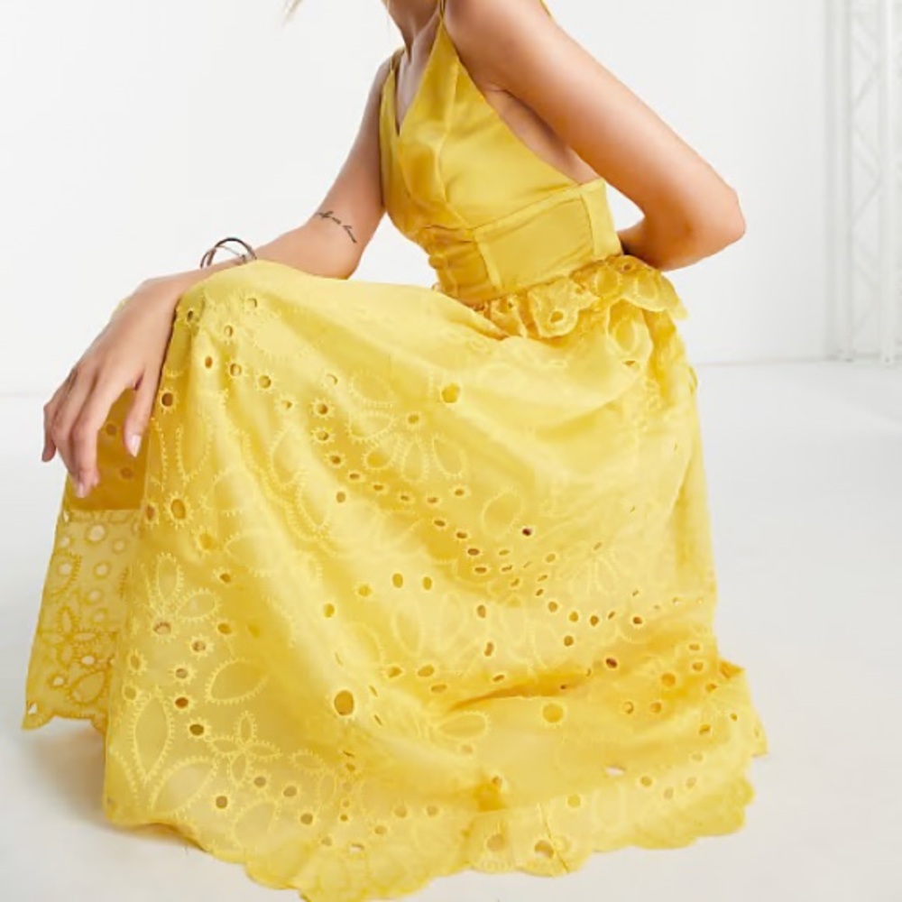 ASOS Design Strappy Midi Floral Broderie Eyelet Lace Yellow Midi Dress - Tall